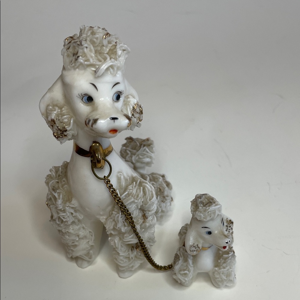 Vintage Lefton's Ceramic "Spaghetti" Poodle Figurine Mother Dog & Puppy On Leash